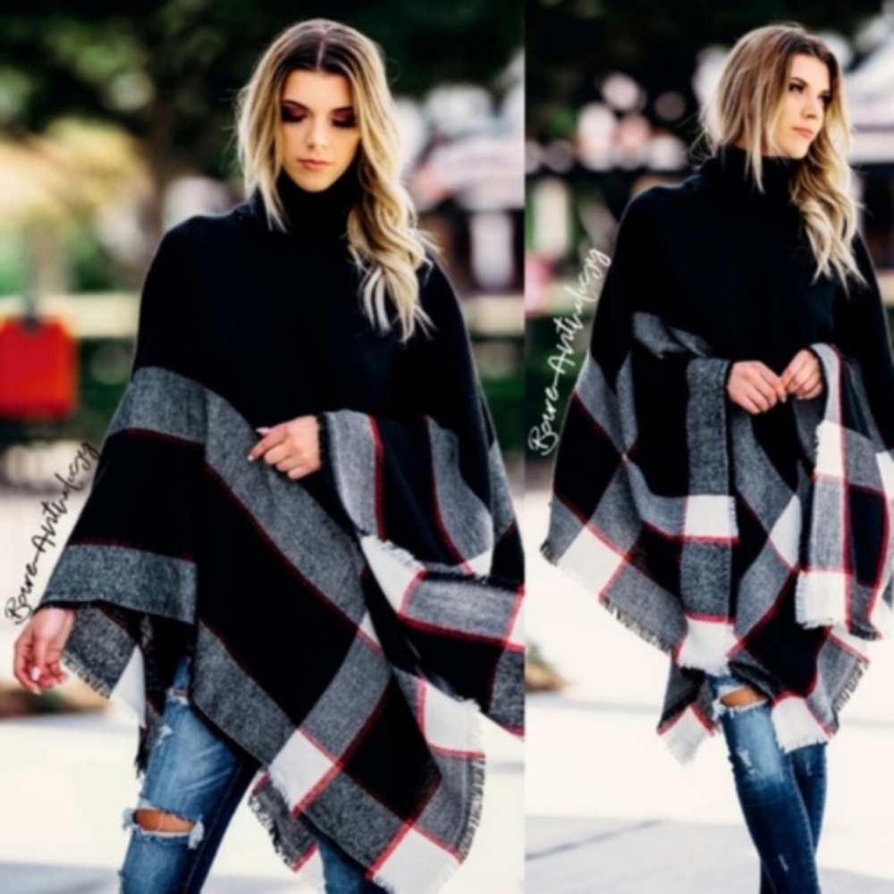 034 Cozy Brown Turtleneck Plaid Poncho - Picture 5 of 10